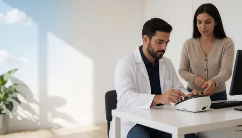 Médecin en clinique utilisant un équipement optique, femme debout à proximité, mur blanc et lumière naturelle.