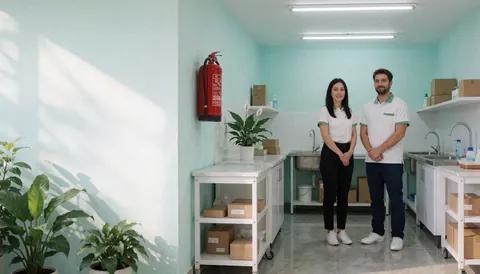 Deux agents de nettoyage en uniforme dans un local avec murs turquoise, éviers en acier inoxydable et chariots blancs sur roulettes.