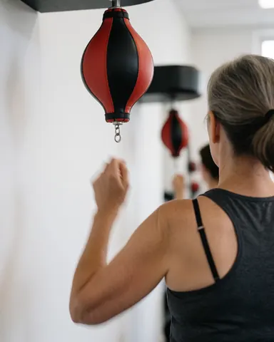 Une femme de dos s'entraîne avec un sac de boxe rouge et noir dans un gymnase aux murs blancs, capturant une action dynamique et professionnelle.