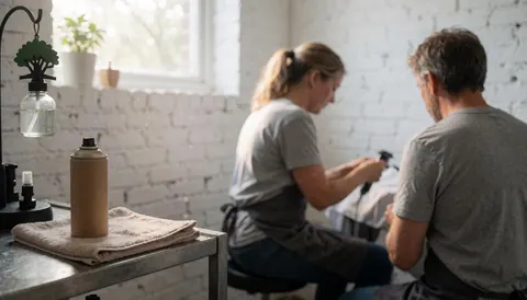 Coiffeur en train de travailler avec un client dans un salon. Mur en briques blanches, ventilation suspendue et serviette pliée sur une table métallique.