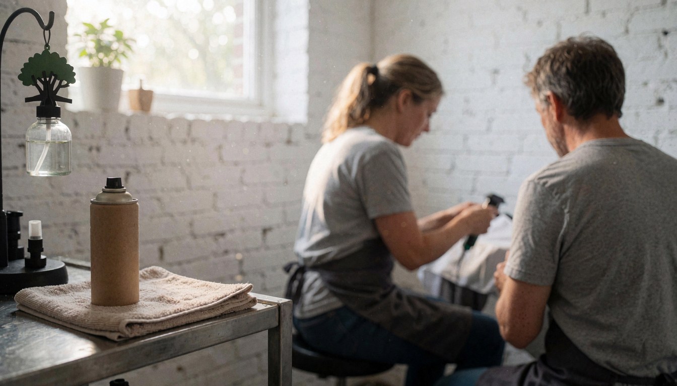 Coiffeur en train de travailler avec un client dans un salon. Mur en briques blanches, ventilation suspendue et serviette pliée sur une table métallique.