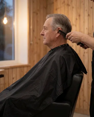 Un homme âgé assis sur une chaise de barbier, vêtu d'une cape noire, se fait coiffer par un professionnel dans un salon aux murs en bois et à la lumière chaude.