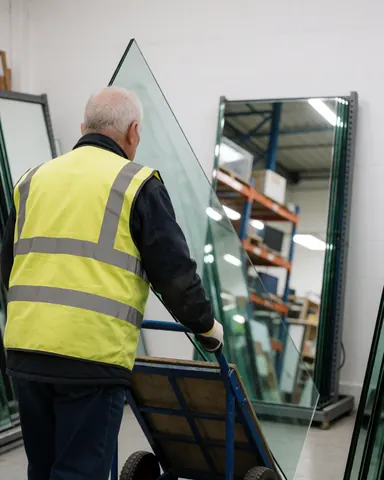 Un ouvrier professionnel déplace un grand panneau de verre à l'aide d'un chariot dans un entrepôt rempli de miroirs et d'étagères.