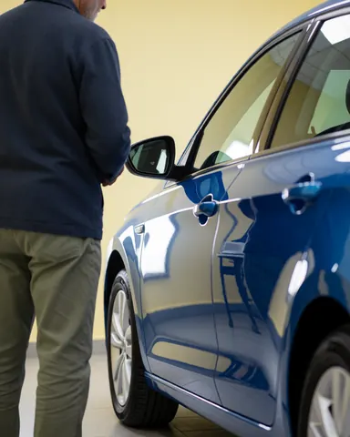 Un client regarde la finition brillante d'une voiture bleue fraîchement peinte dans un atelier avec des murs jaune crème.