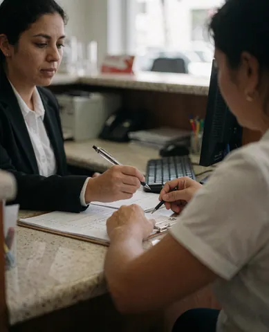 Une administratrice et un client signent un document dans une réception, avec un ordinateur et un formulaire sur le bureau.