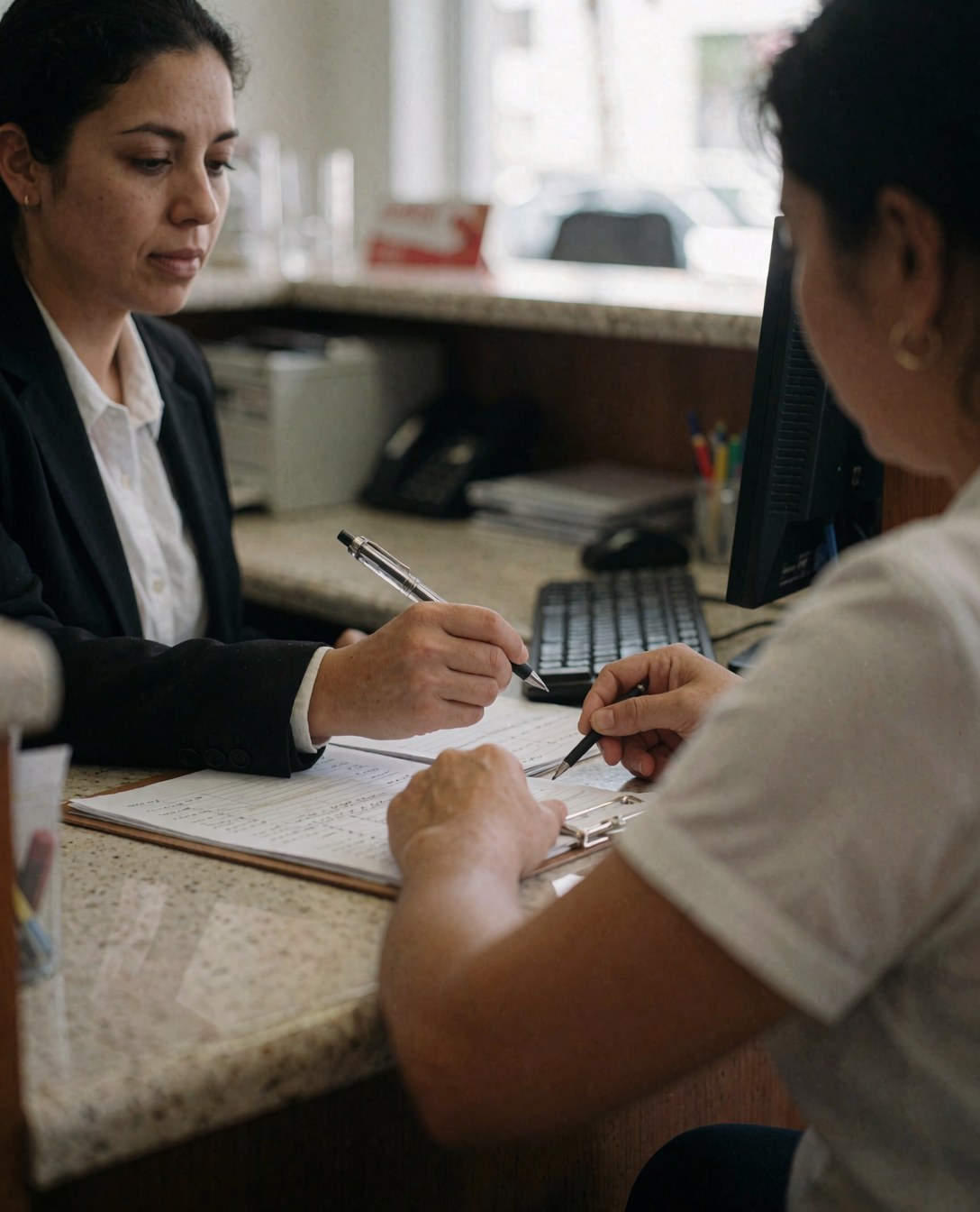 Une administratrice et un client signent un document dans une réception, avec un ordinateur et un formulaire sur le bureau.