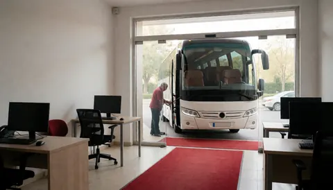 Un individu ouvre la porte d'un autobus blanc dans un bureau avec moquette rouge et ordinateurs, illustrant un service de transport en action.