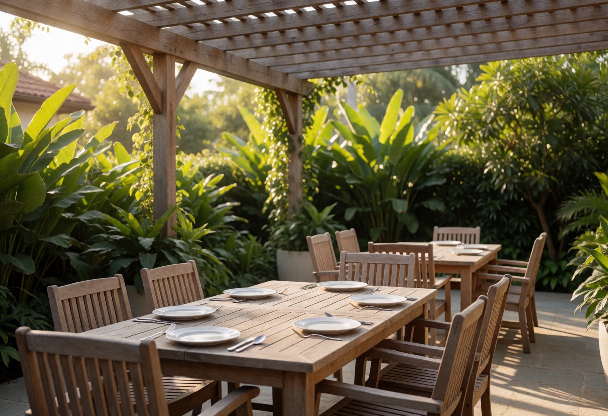 Terrasse extérieure avec table en bois et chaises sous une structure en bois, entourée de végétation tropicale, idéale pour une maison de vacances.