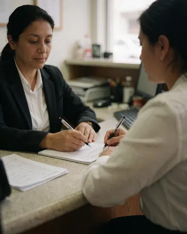 Deux professionnelles signent des papiers sur un bureau équipé d'un ordinateur, l'une en blazer noir et l'autre en chemise blanche, dans un cadre de travail.