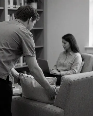 Une personne ajuste un coussin sur un fauteuil pendant qu'un client utilise un ordinateur portable. Une bibliothèque de livres et des murs gris créent une ambiance calme dans une école d'écriture.