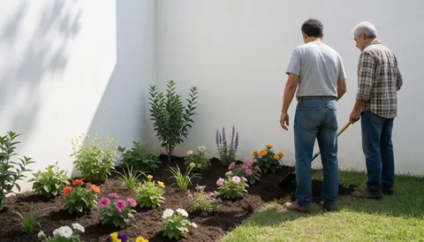 Deux jardiniers professionnels travaillent dans un jardin en plantant des fleurs colorées près d'un mur blanc, illustrant un service de jardinage en action.