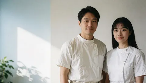 Deux individus vêtus d'un uniforme blanc de cuisine se tiennent debout devant un mur blanc éclairé par la lumière naturelle dans un environnement professionnel.