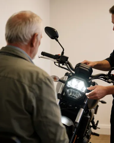 Un client examine le nouveau phare LED de sa moto pendant qu'un mécanicien effectue le réglage dans un atelier lumineux aux murs blancs.
