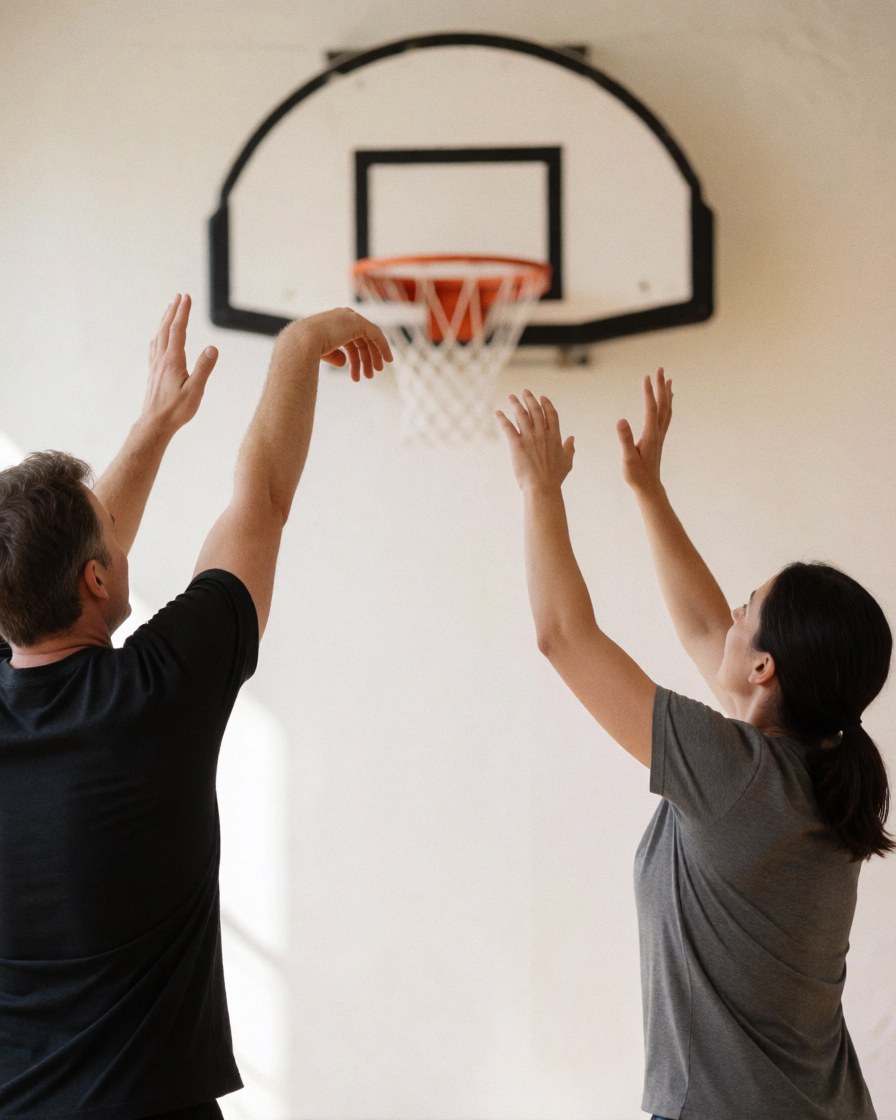 Deux individus pratiquant le basketball dans un gymnase aux murs blancs et à la lumière naturelle, avec un panier visible.