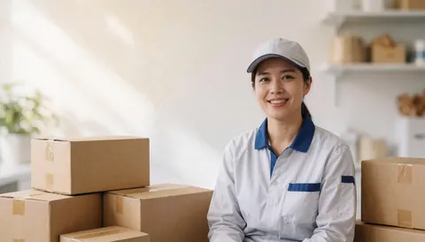 Une employée souriante en tenue de travail, entourée de cartons, évoquant le transport et la livraison de marchandises.
