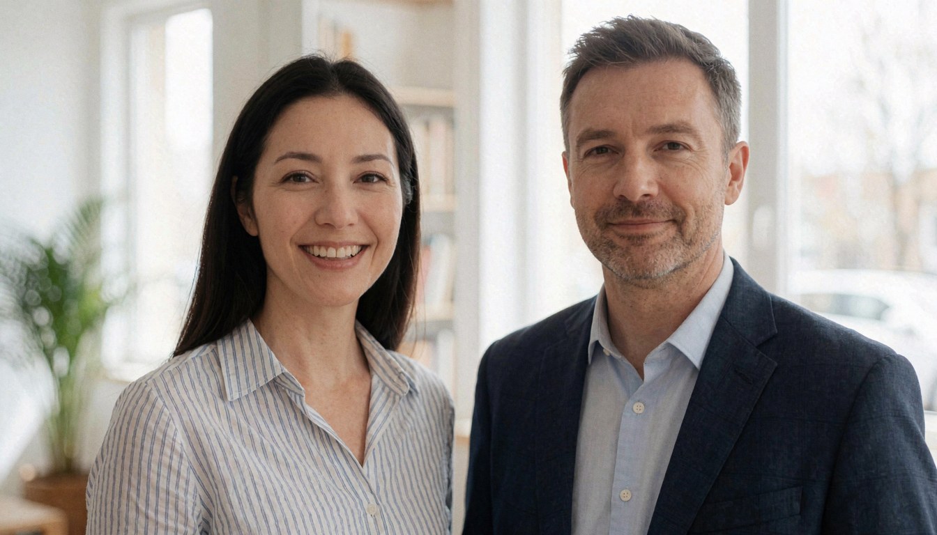 Deux personnes souriantes dans un bureau moderne avec lumière naturelle et murs blancs, idéal pour les services professionnels.
