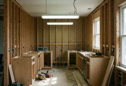 Cuisine en cours de montage avec armoires en bois, murs habillés de lattes, luminaires suspendus et outils posés au sol, idéal pour les installateurs de cuisines.