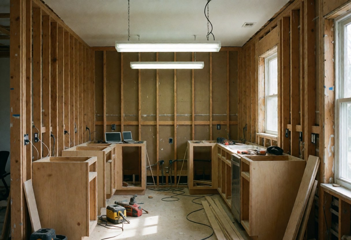 Cuisine en cours de montage avec armoires en bois, murs habillés de lattes, luminaires suspendus et outils posés au sol, idéal pour les installateurs de cuisines.