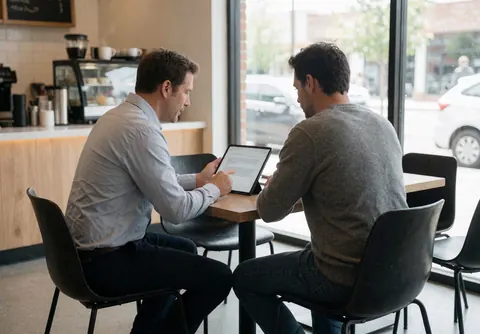 Deux professionnels consultent des informations sur une tablette numérique dans un café moderne éclairé par la lumière naturelle.
