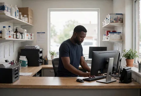 Un homme travaille sur un ordinateur dans un bureau avec des étagères et de la lumière naturelle, créant un environnement professionnel et ordonné.