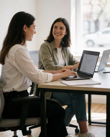 Deux professionnelles utilisent des ordinateurs dans un bureau moderne éclairé par la lumière naturelle, illustrant un environnement de travail collaboratif et productif.