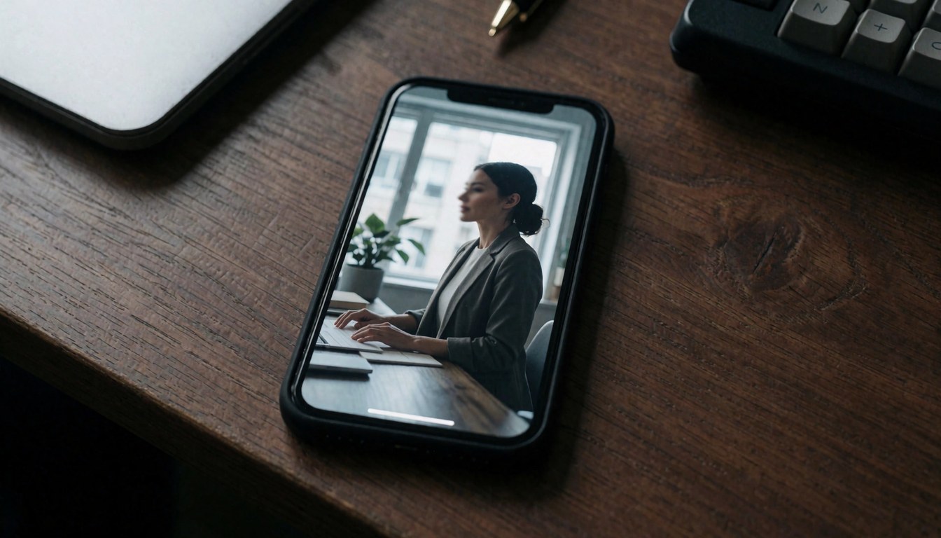 Une femme travaille sur un bureau en bois avec un téléphone portable, des plantes et une lumière naturelle, idéal pour la couverture d'un site web d'entreprise.