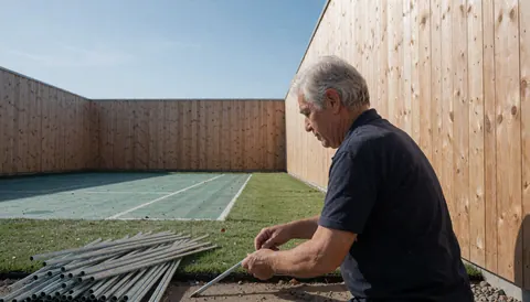 Un homme pose des éléments métalliques pour un terrain de tennis dans un jardin avec murs en bois et pelouse sous un ciel clair.