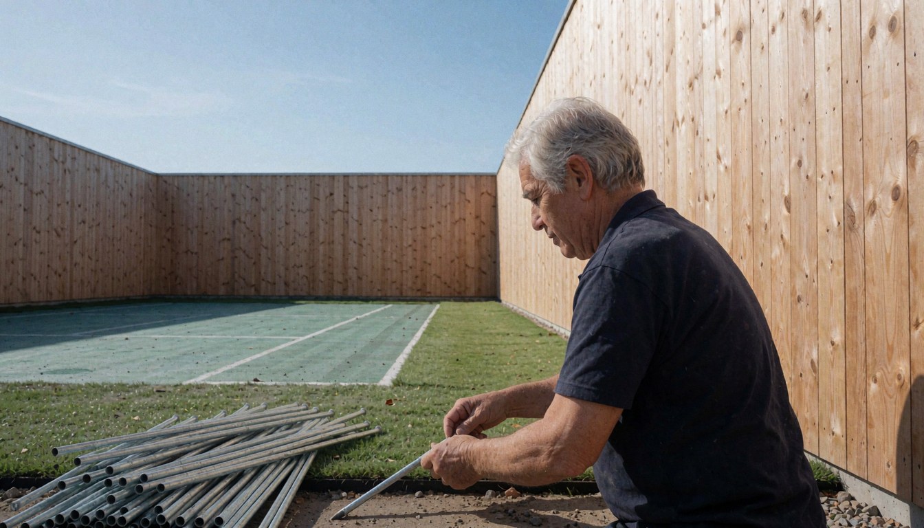 Un homme pose des éléments métalliques pour un terrain de tennis dans un jardin avec murs en bois et pelouse sous un ciel clair.