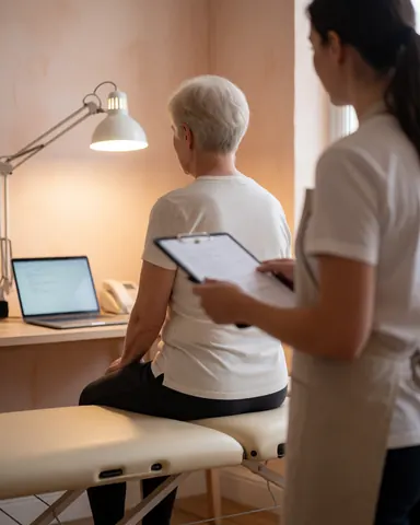 Un client est assis sur une table de traitement tandis qu'un thérapeute examine ses dossiers médicaux dans un cabinet lumineux aux murs clairs.
