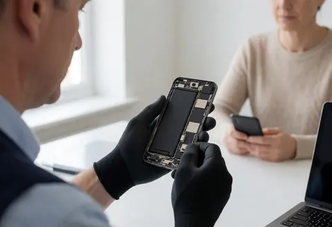 Technicien portant des gants répare un smartphone démonté devant une cliente dans un local aux murs blancs et à la lumière naturelle.