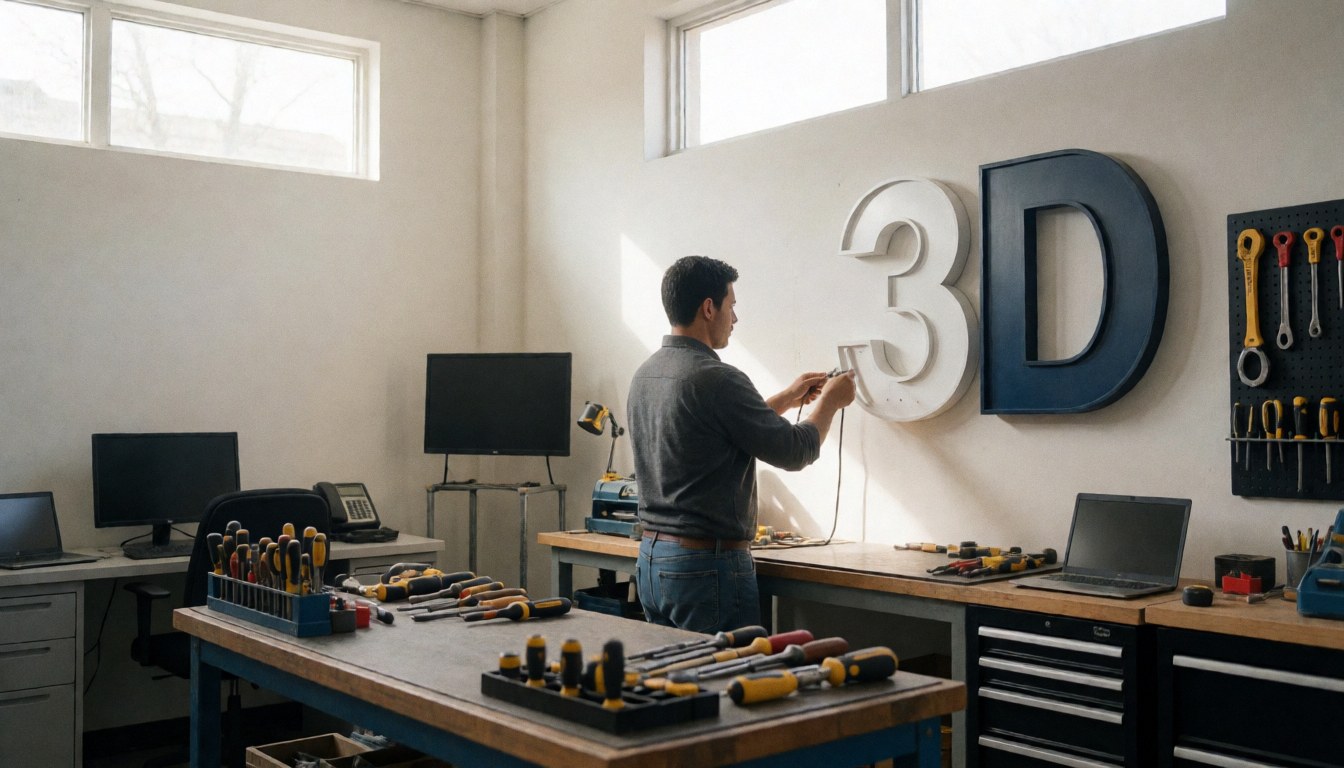 Un professionnel fixe un enseigne tridimensionnelle sur un mur blanc. Des outils sont posés sur un établi en bois, éclairé par la lumière naturelle entrant par des fenêtres hautes.