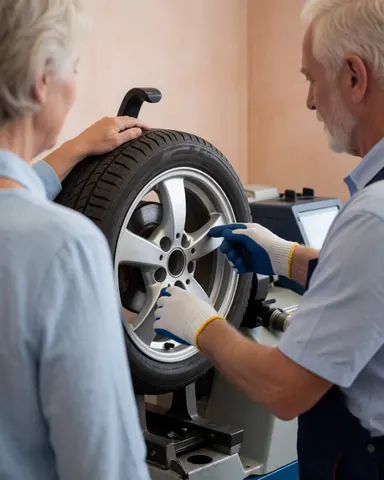 Mécanicien ajustant un pneu sur une machine d'équilibrage tandis qu'un client le touche, dans un atelier aux murs clairs en plâtre.