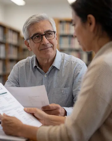Deux personnes consultent des documents dans une bibliothèque avec des étagères de livres et de la lumière naturelle, illustrant une scène de travail d'équipe.