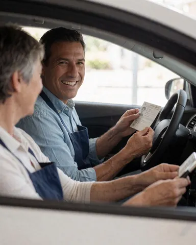 Un homme souriant montre son permis de conduire depuis l'intérieur d'une voiture tandis qu'une autre personne regarde son téléphone portable.