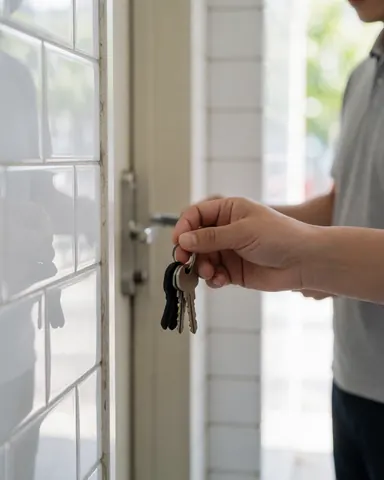 Une main tenant des clés à proximité d'une serrure sur une porte, dans un intérieur aux murs carrelés blancs et à la lumière naturelle, pour un réparateur de serrures.