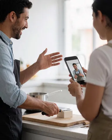 Un homme portant un tablier coupe du bois dans une cuisine tout en participant à un appel vidéo sur son téléphone portable, illustrant une scène de travail manuel en atelier.