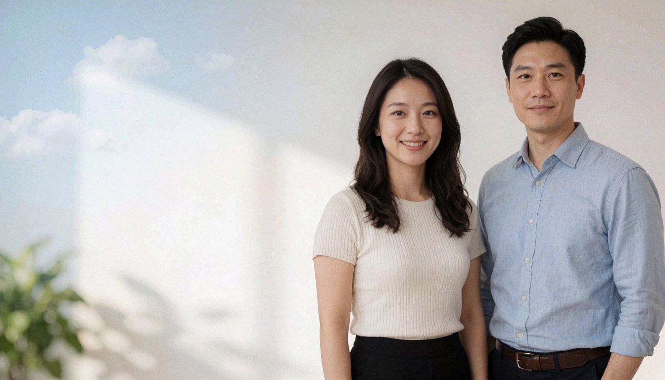 Deux collaborateurs souriants debout dans un bureau lumineux à murs blancs, évoquant une ambiance professionnelle et accueillante pour présenter une équipe ou des services.