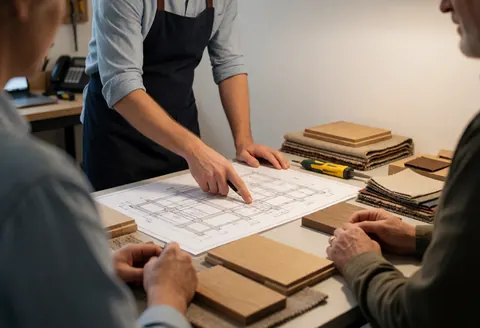 Un tapissier en tablier montre des plans sur une table avec des échantillons de tissu et de bois, pendant qu'un client examine les détails dans un atelier lumineux.