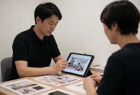 Un professionnel consulte des images sur une tablette avec un client, des échantillons imprimés sur la table, murs blancs et lumière douce.