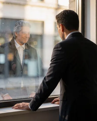 Un homme en costume regarde par la fenêtre de son bureau, reflet visible, mains sur le cadre, lumière naturelle, ambiance calme et professionnelle.