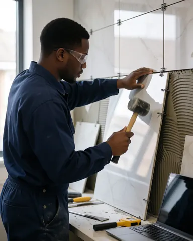 Un carreleur portant des lunettes de sécurité pose un grand carreau sur l'adhésif avec un maillet en caoutchouc, des spatules sont visibles sur un mur partiellement carrelé.