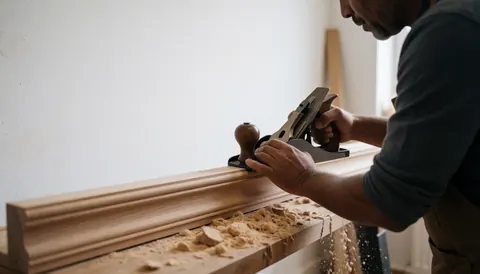 Un homme sculpte du bois dans un atelier avec de la poussière de bois et un mur blanc, idéal pour une entreprise de menuiserie.