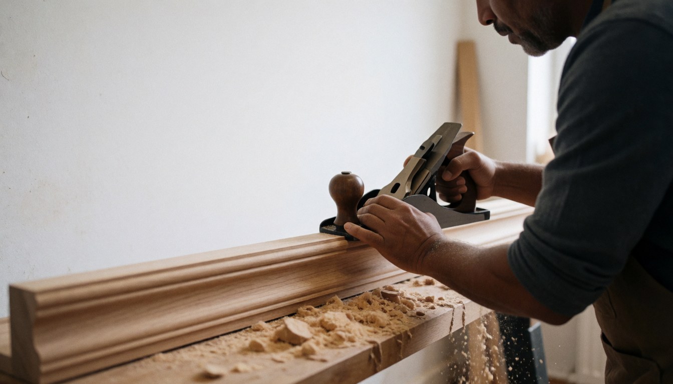 Un homme sculpte du bois dans un atelier avec de la poussière de bois et un mur blanc, idéal pour une entreprise de menuiserie.