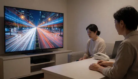 Deux personnes observent une image de lumières urbaines sur un grand écran TV dans un intérieur moderne, idéal pour illustrer la photographie cinétique.