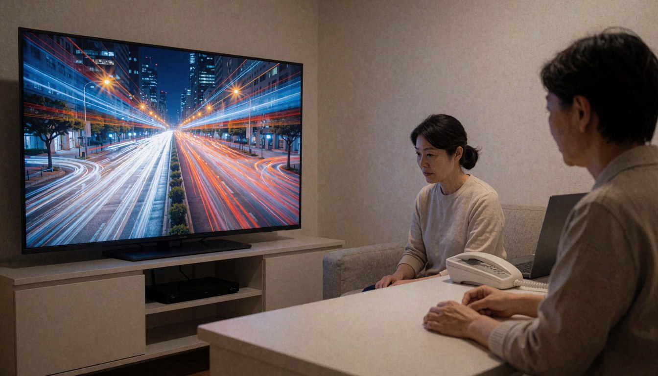 Deux personnes observent une image de lumières urbaines sur un grand écran TV dans un intérieur moderne, idéal pour illustrer la photographie cinétique.