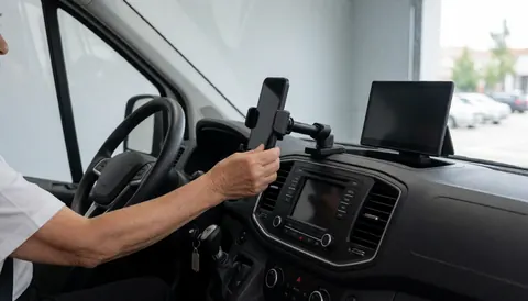 Conducteur ajustant un support de téléphone dans une camionnette, avec écran de navigation et volant visibles, intérieur propre et ordonné.