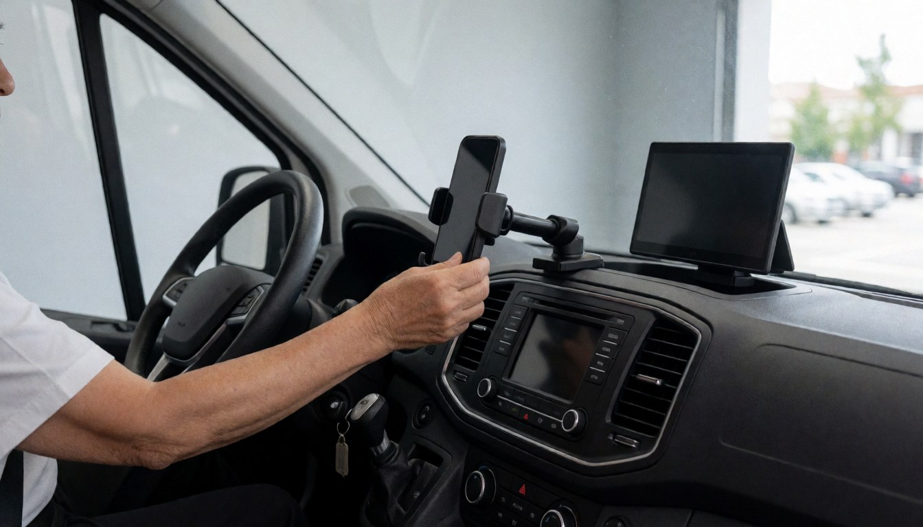Conducteur ajustant un support de téléphone dans une camionnette, avec écran de navigation et volant visibles, intérieur propre et ordonné.