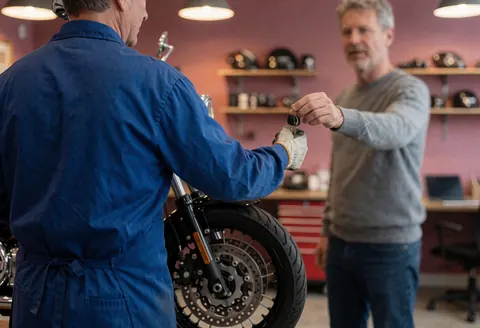 Mécanicien en uniforme bleu remet les clés à un client devant une motocyclette dans un atelier avec des casques sur des étagères.