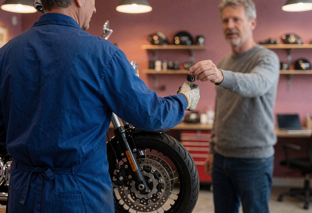 Mécanicien en uniforme bleu remet les clés à un client devant une motocyclette dans un atelier avec des casques sur des étagères.