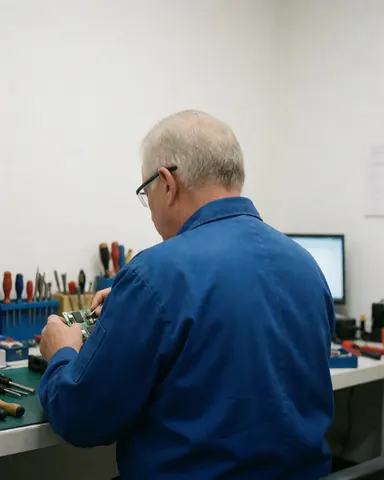Technicien en uniforme bleu et lunettes réparant un circuit sur une table de travail avec des outils organisés.